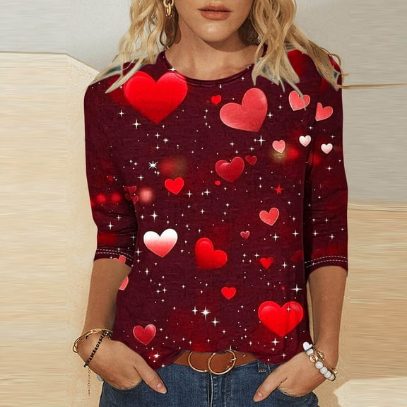 VKOYWKM Love Heart T Shirts for Women Valentine's Day Shirts 3/4 Sleeve Cute Graphic Tees Valentine Round Neck Loose Fit Three Quarter Length Blouse