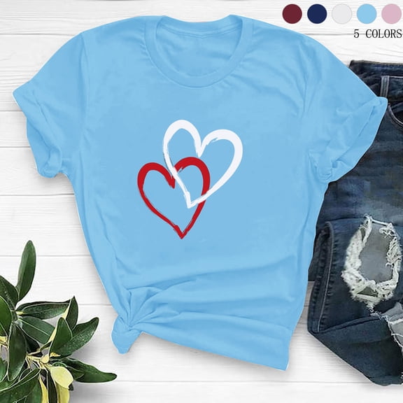 VKOYWKM Love Heart Tshirts for Women Valentine's Day Shirts Cute Heart Print Short Sleeve T-Shirts Spring T Shirts Romantic Valentine's Day Party Tshirts