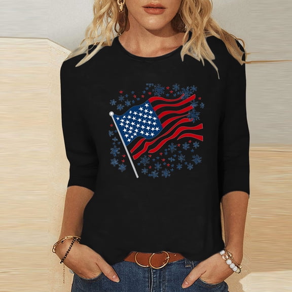 VKOYWKM Memorial Day Shirts for Women Patriotic American Flag Graphic Tshirts 3/4 Sleeve USA Flag Patriotic Tee Independence Day Gifts for Women