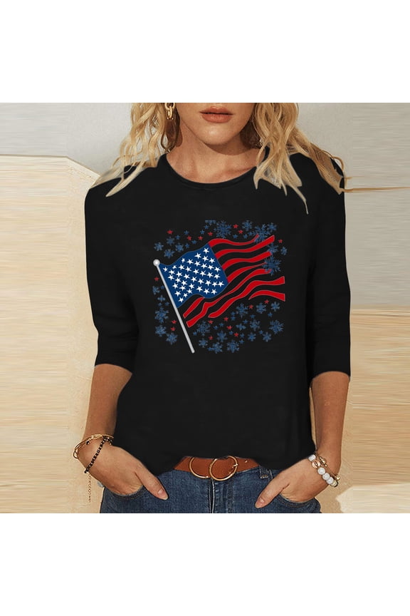 Memorial Day Shirts for Women Patriotic American Flag Graphic Tshirts 3/4 Sleeve USA Flag Patriotic Tee Independence Day Gifts for Women