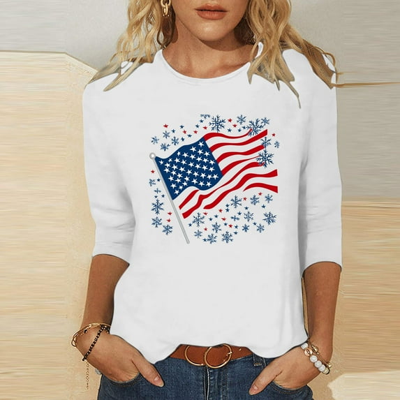 VKOYWKM Memorial Day Shirts for Women Patriotic American Flag Graphic Tshirts 3/4 Sleeve USA Flag Patriotic Tee Independence Day Gifts for Women
