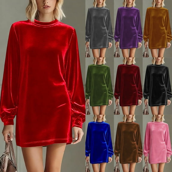 VKOYWKM Mock Neck Velvet Mini Dress for Women Elegant Fall Winter Long Puff Sleeve Dress Loose Casual Party Holiday Velour Dress