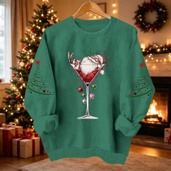 VKOYWKM Oversized Christmas Sweatshirts for Women Xmas Holiday Long Sleeve Crew Neck Sweatshirt Christmas Wine Glass Graphic Pullover Tops