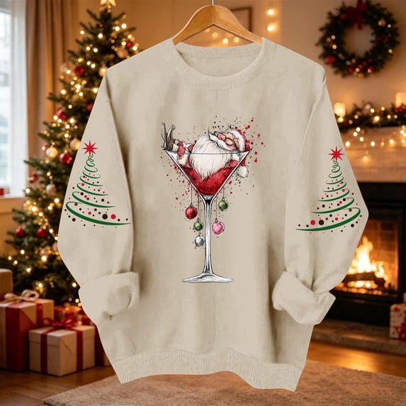 VKOYWKM Oversized Christmas Sweatshirts for Women Xmas Holiday Long Sleeve Crew Neck Sweatshirt Christmas Wine Glass Graphic Pullover Tops