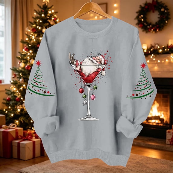 VKOYWKM Oversized Christmas Sweatshirts for Women Xmas Holiday Long Sleeve Crew Neck Sweatshirt Christmas Wine Glass Graphic Pullover Tops