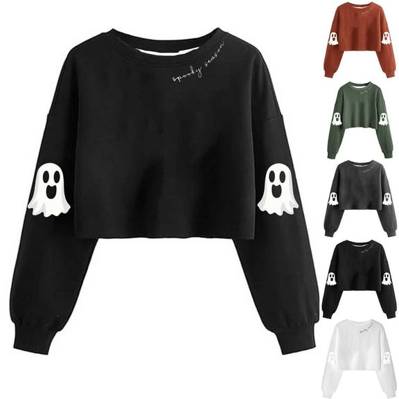 VKOYWKM Oversized Sweatshirt Women Halloween Cropped Sweatshirts Crew Neck Long Sleeve Ghost Sweatshirt Spooky Print Fall Winter Pullover Sweatshirt