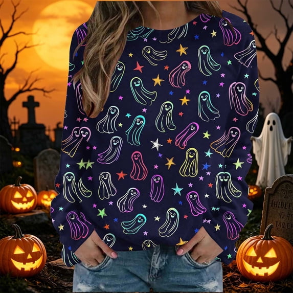 VKOYWKM Oversized Sweatshirts Women Halloween Ghost Print Pullover Long Sleeve Crew Neck Sweatshirts Fall Sweatshirt