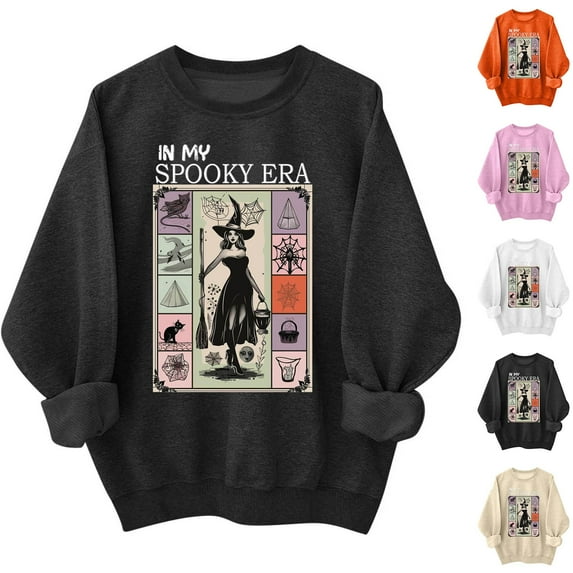 VKOYWKM Oversized Sweatshirts Women Halloween Sweatshirt Funny Witch Crew Neck Sweatshirt Long Sleeve Pullover Tops Vintage Spooky Graphic Sweatshirts