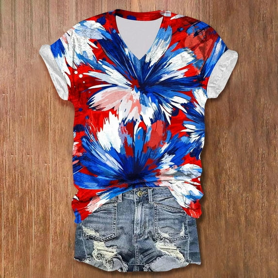 VKOYWKM Patriotic Tee Shirts for Women Red White and Blue Graphic T Shirts American Flag Short Sleeve Casual Summer Top V Neck Independence Day T-Shirts