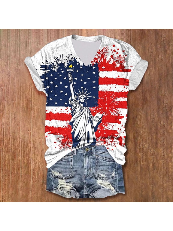 Patriotic Tops for Women 4th of July American Flag Print T Shirts Short Sleeve Tee Top Loose Fit V Neck Memorial Day T-Shirts