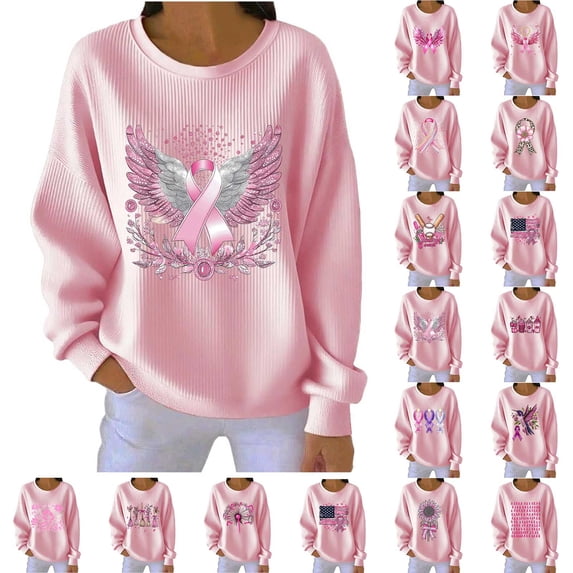 VKOYWKM Pink Breast Cancer Awareness T-Shirt Women Oversized Long Sleeve Textured Shirts Pink Ribbon Graphic Tee Cancer Survivor Crew Neck Pullover Sweatshirt Fall Tops