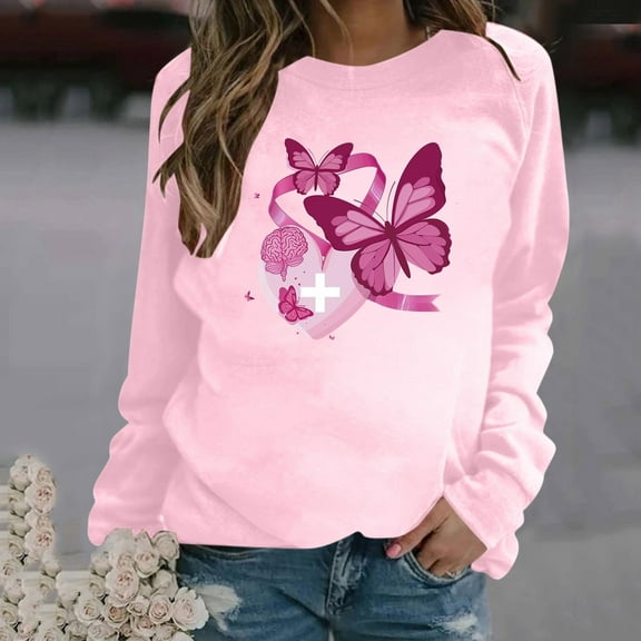 VKOYWKM Pink Breast Cancer Shirt for Women Crwneck Long Sleeve Breast Cancer Awareness Pullover Tops Fight Cancer Pink Ribbon Sweatshirts