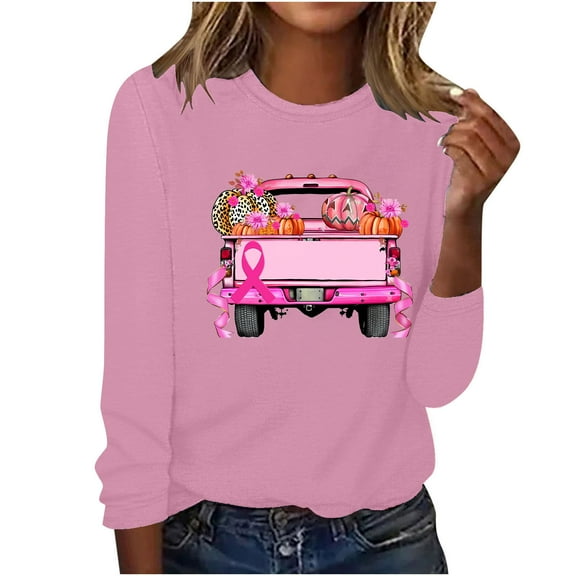 VKOYWKM Pink Breast Cancer Shirts for Women Breast Cancer Awareness Tshirt Pink Ribbon Print Long Sleeve Shirt Casual Crew Neck Loose Fit Breast Cancer Blouses