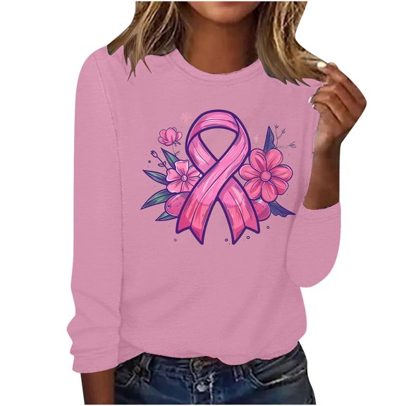 VKOYWKM Pink Breast Cancer Shirts for Women Breast Cancer Awareness T-Shirt Long Sleeve Pink Ribbon Tops Fall Crew Neck Breast Cancer Survivor Blouse