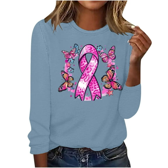 VKOYWKM Pink Breast Cancers Shirt Women Long Sleeve Pink Ribbon Graphic Cancer Survivor T-Shirt Breast Cancer Crew Neck Pullover Fall Blouses