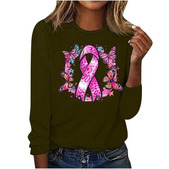 VKOYWKM Pink Breast Cancers Shirt Women Long Sleeve Pink Ribbon Graphic Cancer Survivor T-Shirt Breast Cancer Crew Neck Pullover Fall Blouses