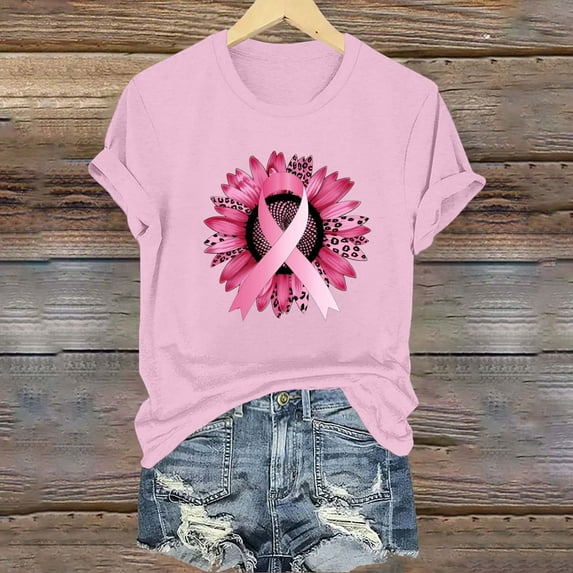 VKOYWKM Pink Ribbon Shirts Women Short Sleeve Inspirational Tshirts Breast Cancer Awareness Shirt Fight Cancer Crew Neck Breast Cancer Tee Tops
