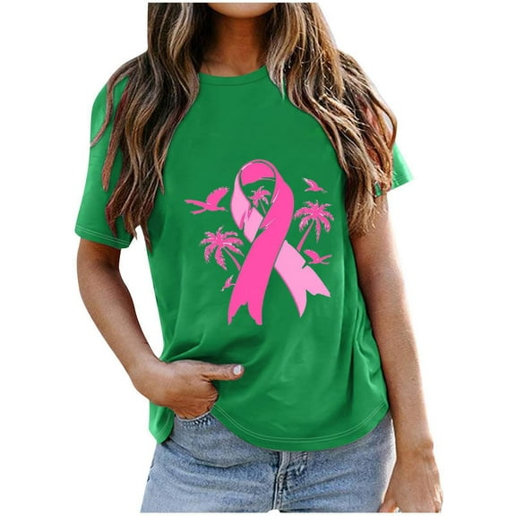 VKOYWKM Pink Ribbon T Shirts Women Breast Cancer Awareness Shirts Short Sleeve Inspirational Breast Cancer Graphic Tees Crew Neck Loose Fit Cancer Tops