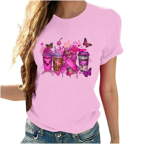 VKOYWKM Pink Ribbon T-Shirts Women Breast Cancer Breast Cancer T-Shirt Inspirational Breast Cancer Graphic Tees Casual Crew Neck Short Sleeve Fight Cancer Tops