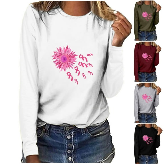 VKOYWKM Pink Ribbon T-Shirts for Women Breast Cancer Awareness T Shirt Long Sleeve Breast Cancer Survivor Tops Fight Cancer Crew Neck Sweatshirts