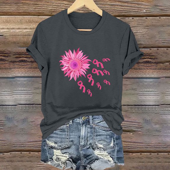 VKOYWKM Pink Ribbon Tee for Women Breast Cancer Tees Cancer Survivor Shirt Inspirational Crew Neck Short Sleeve Tops