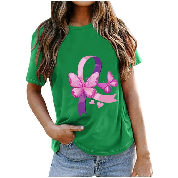 VKOYWKM Pink Ribbon Tshirts Women Breast Cancer Awareness Shirts Inspirational Short Sleeve Tee Tops Casual Crew Neck Fight Cancer T Shirts