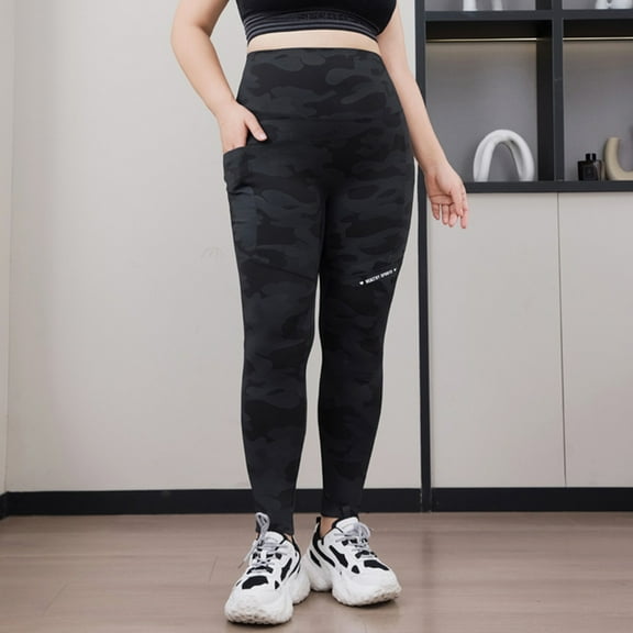 VKOYWKM Plus Size Leggings for Women Camo Print Cargo Leggings Elastic High Waisted Leggings Stretchy Workout Leggings Slim Fit Yoga Leggings