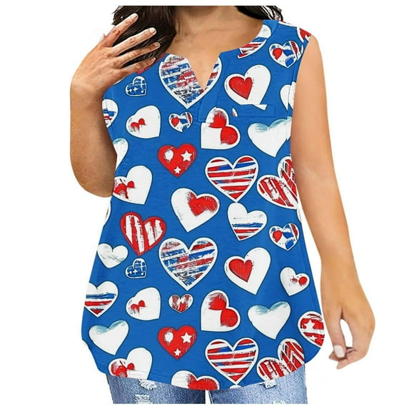 VKOYWKM Plus Size Tank Tops for Women 4th of July Independence Day Tank Shirts Sleeveless Notch V Neck Patriotic Tunic Tops Loose Fit American Flag Tank Top