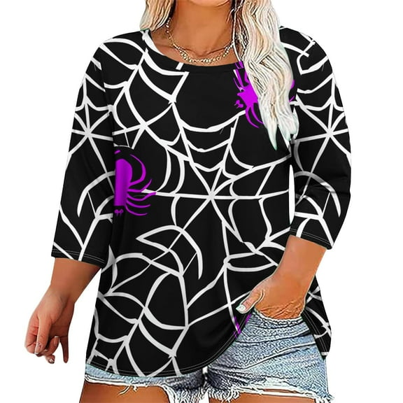 VKOYWKM Plus Size Tops for Women Halloween Spiderweb Graphic T Shirts 3/4 Sleeve Loose Fit Crew Neck T-Shirts Fall Tops Halloween Costumes