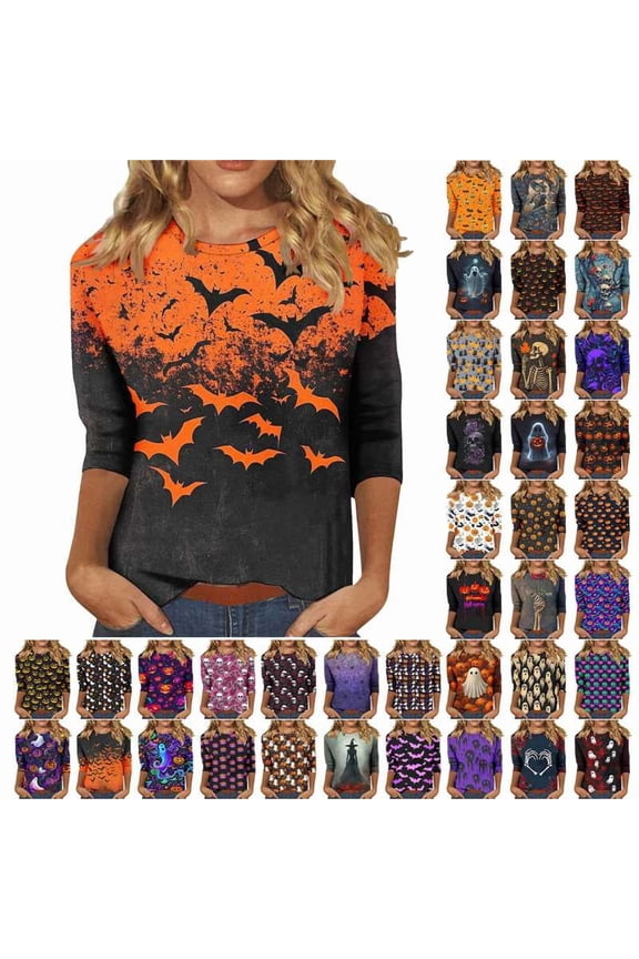 Pumpkin Shirt for Women Halloween Graphic T Shirts 3/4 Sleeve Crew Neck Loose Fit Holiday Party Blouses