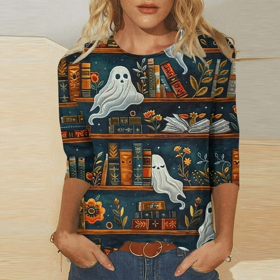 VKOYWKM Pumpkin Tops for Women Halloween 3/4 Sleeve T-Shirts Spooky Graphic T Shirts Loose Fit Crew Neck T-Shirts Fall Tops Halloween Costumes