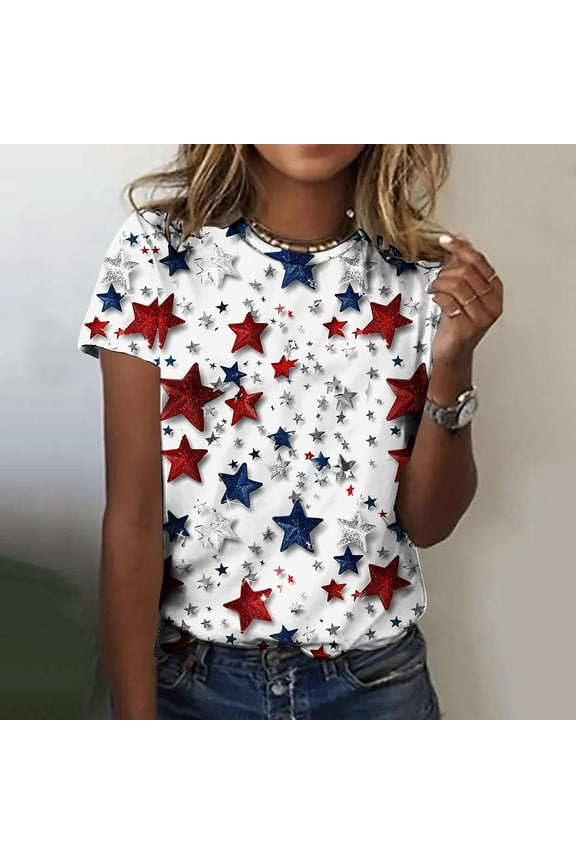 Red White and Blue T-Shirts for Women American Flag T Shirts USA Patriotic Independence Day Short Sleeve Tops 4th of July Crewneck Holiday T-Shirts Tees