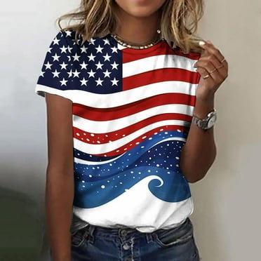 VKOYWKM Red White and Blue Tops for Women Patriotic American Flag Graphic T Shirts Independence Day Short Sleeve Round Neck USA Flag Patriotic Memorial Day Tee
