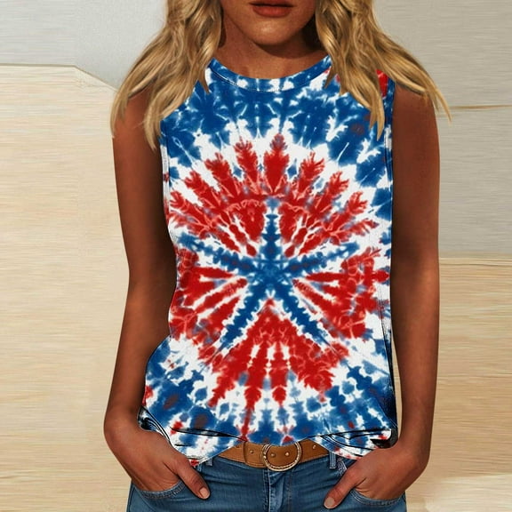 VKOYWKM Running Tank Tops for Women American Flag Print Tanks 4th of July Patriotic Independence Day Sleeveless Shirt Crew Neck Loose Red White and Blue Top