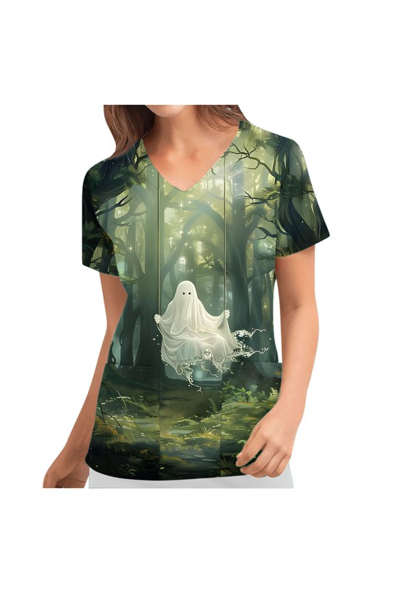 Scrub Tops Women Halloween Ghost Graphic T Shirts Work Tops Short Sleeve V Neck Nurse Uniforms with Pockets