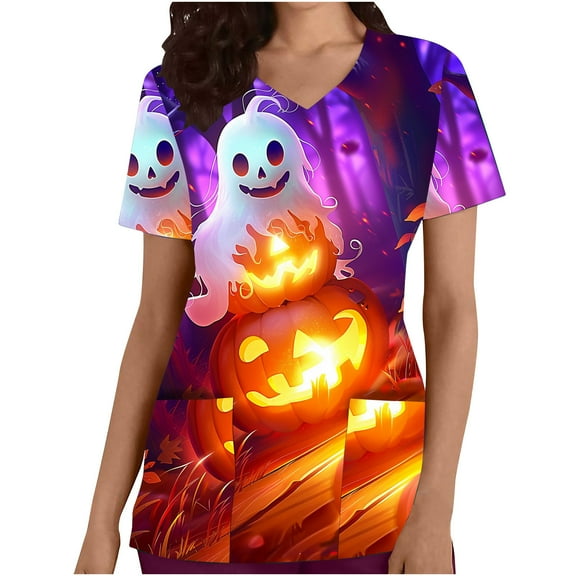 VKOYWKM Scrubs for Women Halloween Pumpkin Ghost Print Nurse Uniforms V Neck Short Sleeve Work Tops with Pockets Scrub Tops Nurse Gift