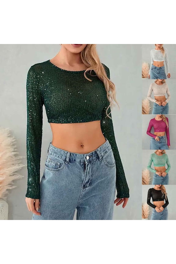 Sequin Crop Tops for Women Long Sleeve Crew Neck Sparkly Shirt Glitter Party Blouse Trendy Slim Fit Top