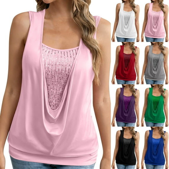 VKOYWKM Sequin Tops for Women Sleeveless Dressy Sparkly Blouse Spaghetti Strap Front Trendy Glitter Evening Party Top