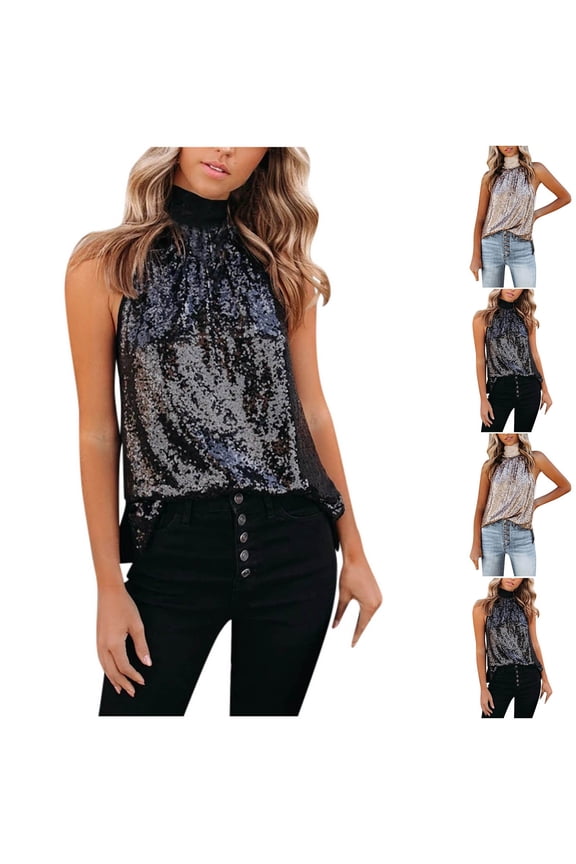 Sequin Tops for Women Sleeveless Turtle Neck Sparkly Tank Top Party Club Glitter Halter Blouses Elegant Summer Shirt