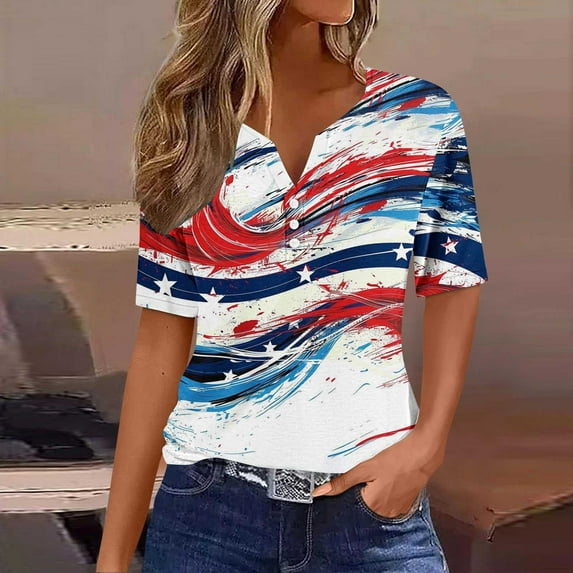 VKOYWKM Short Sleeve Tops for Women American Flag T Shirts Independence Day Star Stripe Graphic Tees Henley Shirts Button V Neck Patriotic 4th of July Tops
