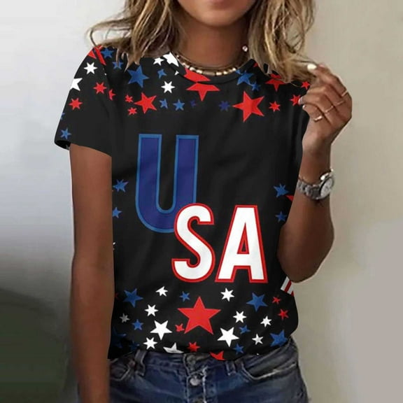 VKOYWKM Short Sleeve Tops for Women USA Flag T Shirts 4th of July Independence Day T Shirts Star Stripe Graphic Tees Crew Neck Loose Fit Memorial Day Gifts T-Shirts