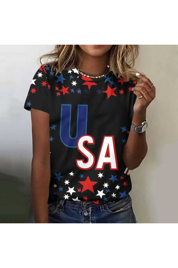 Short Sleeve Tops for Women USA Flag T Shirts 4th of July Independence Day T Shirts Star Stripe Graphic Tees Crew Neck Loose Fit Memorial Day Gifts T-Shirts