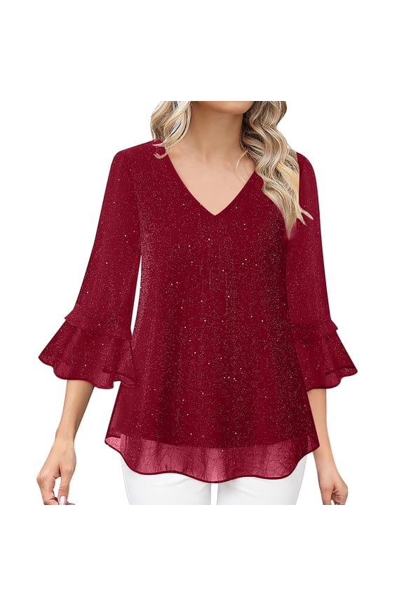 Sparkly Sequin Tops for Women Ruffle 3/4 Sleeve Dressy Blouses Elegant Dressy Casual Blouses V Neck Trendy Tunic Tops