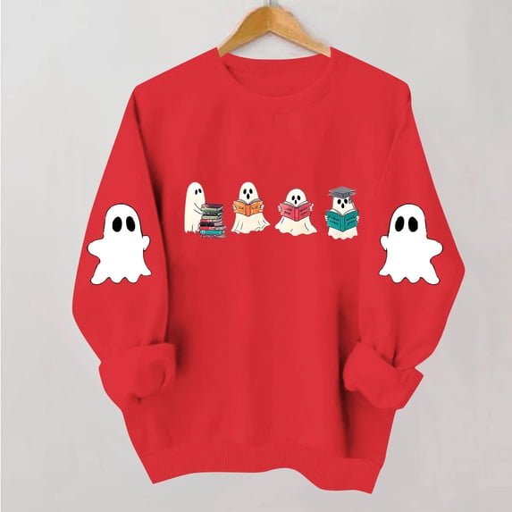 VKOYWKM Spooky Halloween Sweatshirt for Women Ghost Graphic Pullover Tops Oversized Crew Neck Sweatshirt Fall Long Sleeve Casual Sweatshirts