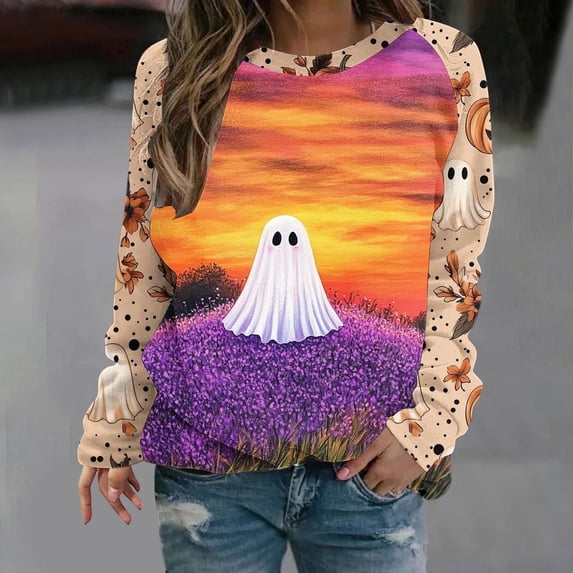 VKOYWKM Spooky Halloween Sweatshirt for Women Season Sweatshirt Oversized Ghost Pumpkin Print Pullover Top Long Sleeve Crewneck Sweatshirt