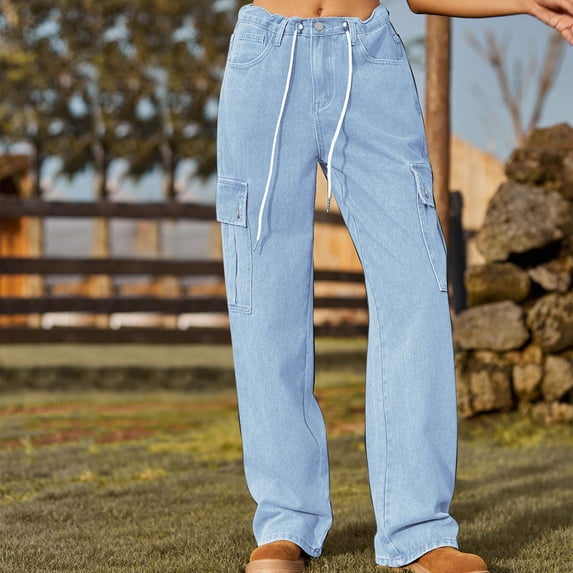 VKOYWKM Straight Leg Jeans for Women Drawstring Elastic Waisted Cargo Jeans Y2K Denim Pants Loose Casual Baggy Jeans with Pockets
