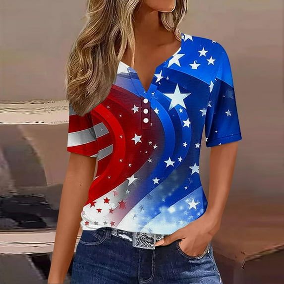 VKOYWKM July 4th T Shirt for Women Independence Day T Shirts Star Stripe Graphic Tees Button V Neck Loose Fit Short Sleeve Memorial Day Gifts T-Shirts
