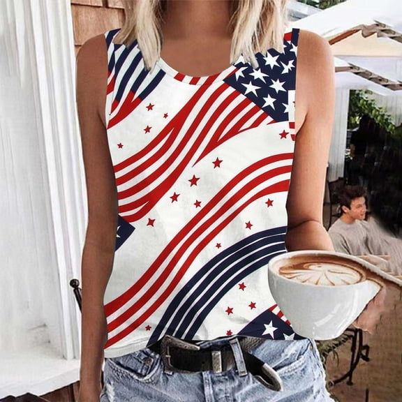 VKOYWKM Summer Tank Tops for Women 2025 American Flag Stars and Stripes Graphic Tank Tops Sleeveless Shirts 4th of July Patriotic Crew Neck Red White and Blue Tank Tops