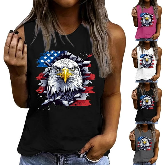 VKOYWKM Summer Tank Tops for Women 4th of July American Flag Tanks Patriotic Independence Day Sleeveless Tops Casual Crew Neck USA Flag Graphic Tees