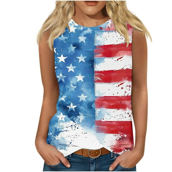 VKOYWKM Summer Tank Tops for Women American Flag Stars and Stripes Graphic Tank Tops 4th of July Independence Day Crew Neck Patriotic Tops